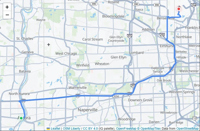 Route map from Aurora, IL to O'Hare International Airport (ORD)