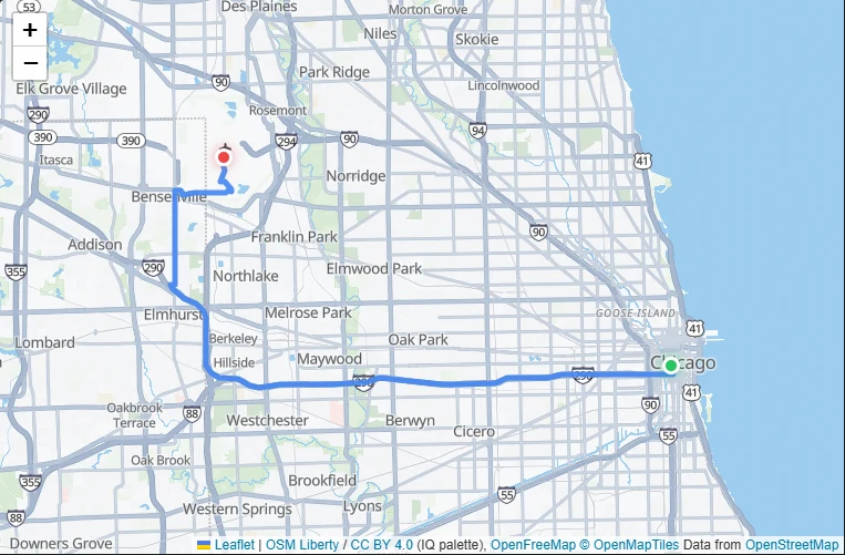 Route map from Chicago, IL to O'Hare International Airport (ORD)