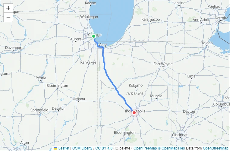 Mapa de la ruta de Chicago, Illinois a Indianapolis, Indiana