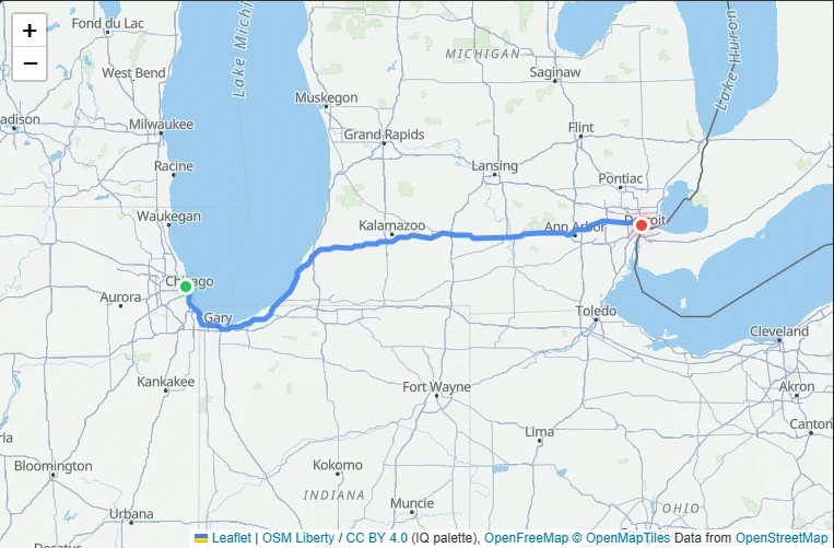 Mapa de la ruta de Chicago, Illinois a Detroit, Michigan