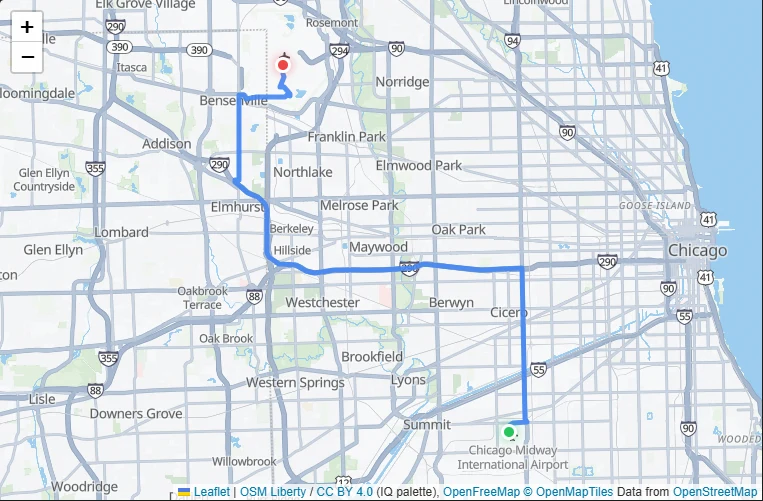 Route map from Chicago Midway International Airport (MDW) to O'Hare International Airport (ORD)