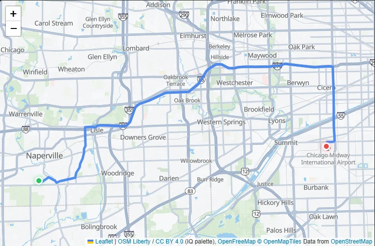 Route map from Naperville, IL to Chicago Midway International Airport (MDW)