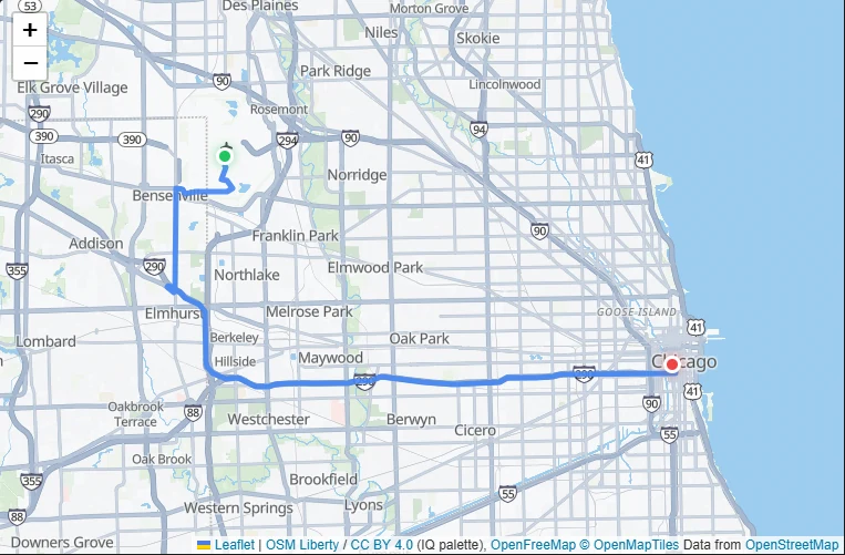 Route map from O'Hare International Airport (ORD) to Downtown Chicago, IL