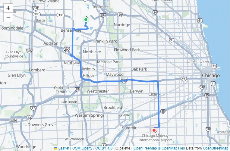 Route map from O'Hare International Airport (ORD) to Chicago Midway International Airport (MDW)