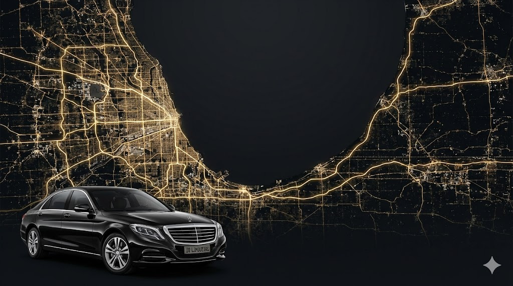 Executive chauffeur limousine driving through scenic tree-lined North Shore Chicago suburban estates
