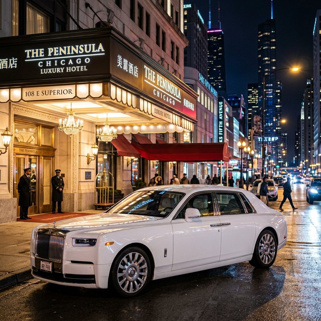 Rolls-Royce Phantom VII luxury wedding sendoff car parked at night in Chicago