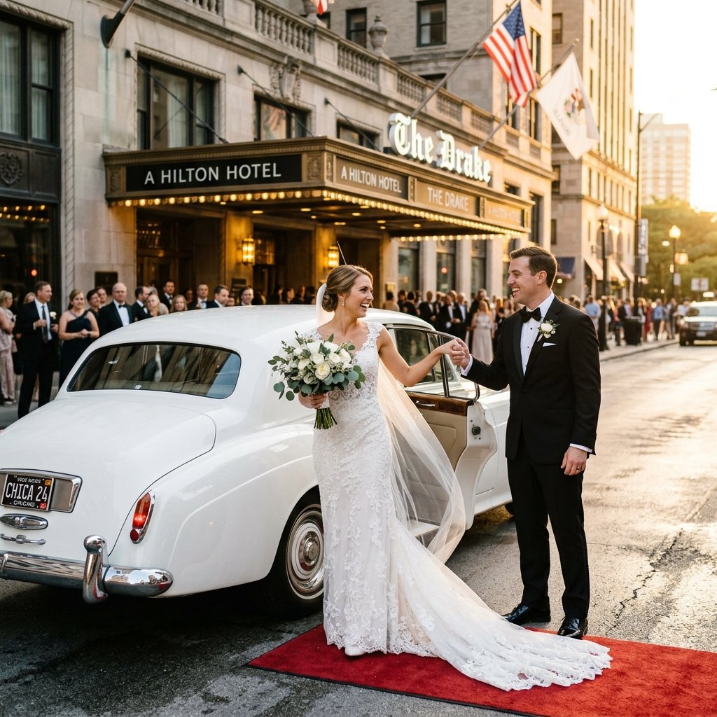 Bride and groom posing by a vintage Rolls-Royce Silver Cloud wedding car in Chicago