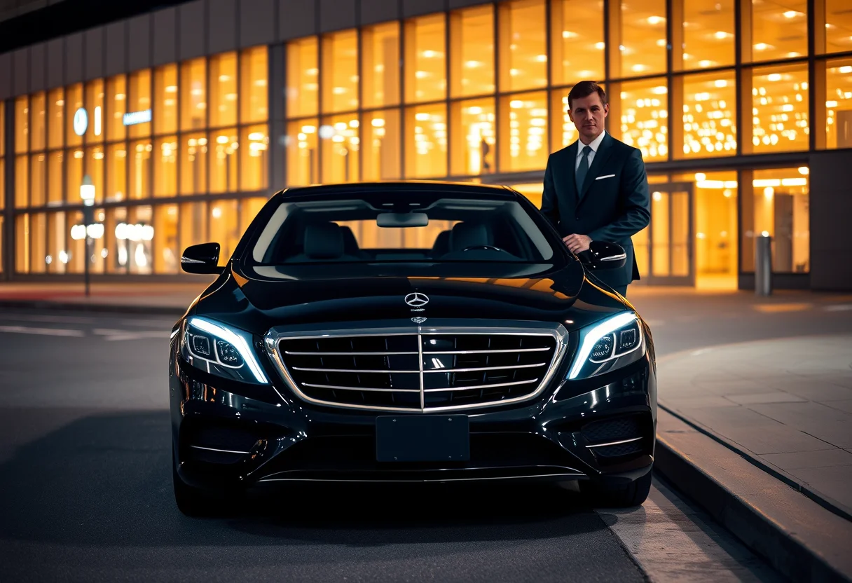 Mercedes-Benz S-Class waiting at O'Hare airport terminal for 24/7 limo service Chicago reservation